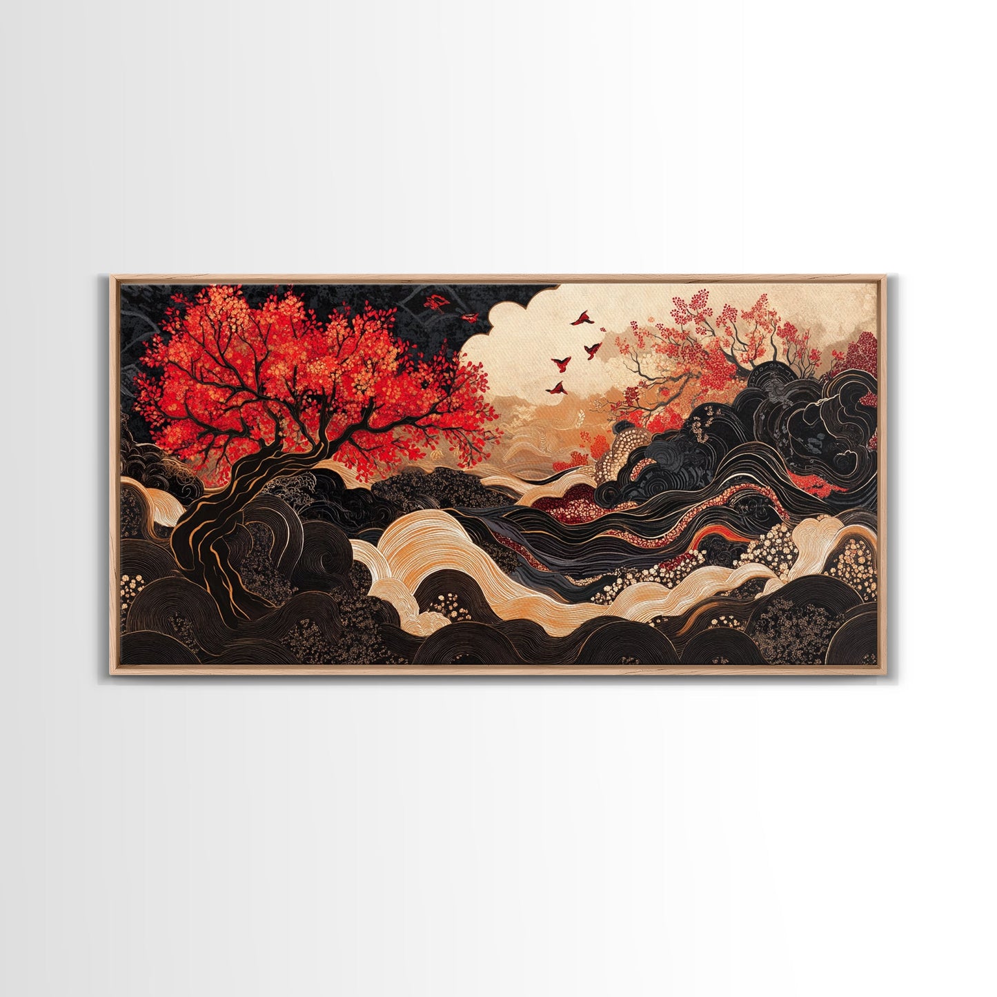 Japanese Inspired Framed Canvas Print Featuring Chinoiserie Wall Art and Autumn Tree Painting Unique Horizontal Living Room Art