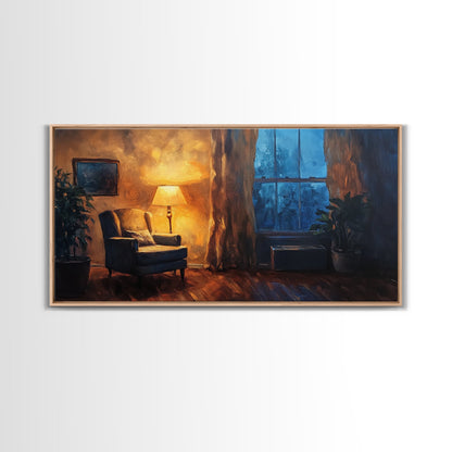 Cozy Armchair Framed Canvas Print, Rustic Living Room Art, Moody Interior Wall Art, Farmhouse Above Sofa Decor, Gift Idea For Him