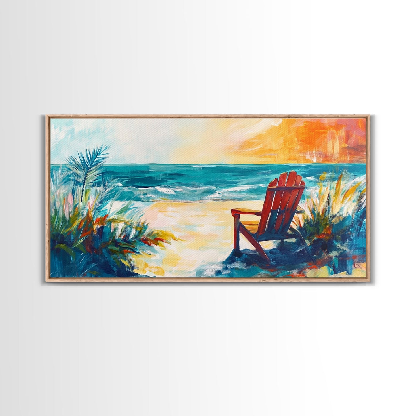Beach Chair, Coastal Painting, Nautical Wall Art, Ocean Painting, Seascape Painting, Framed Canvas Print, Extra Wide Art, Coastal Decor