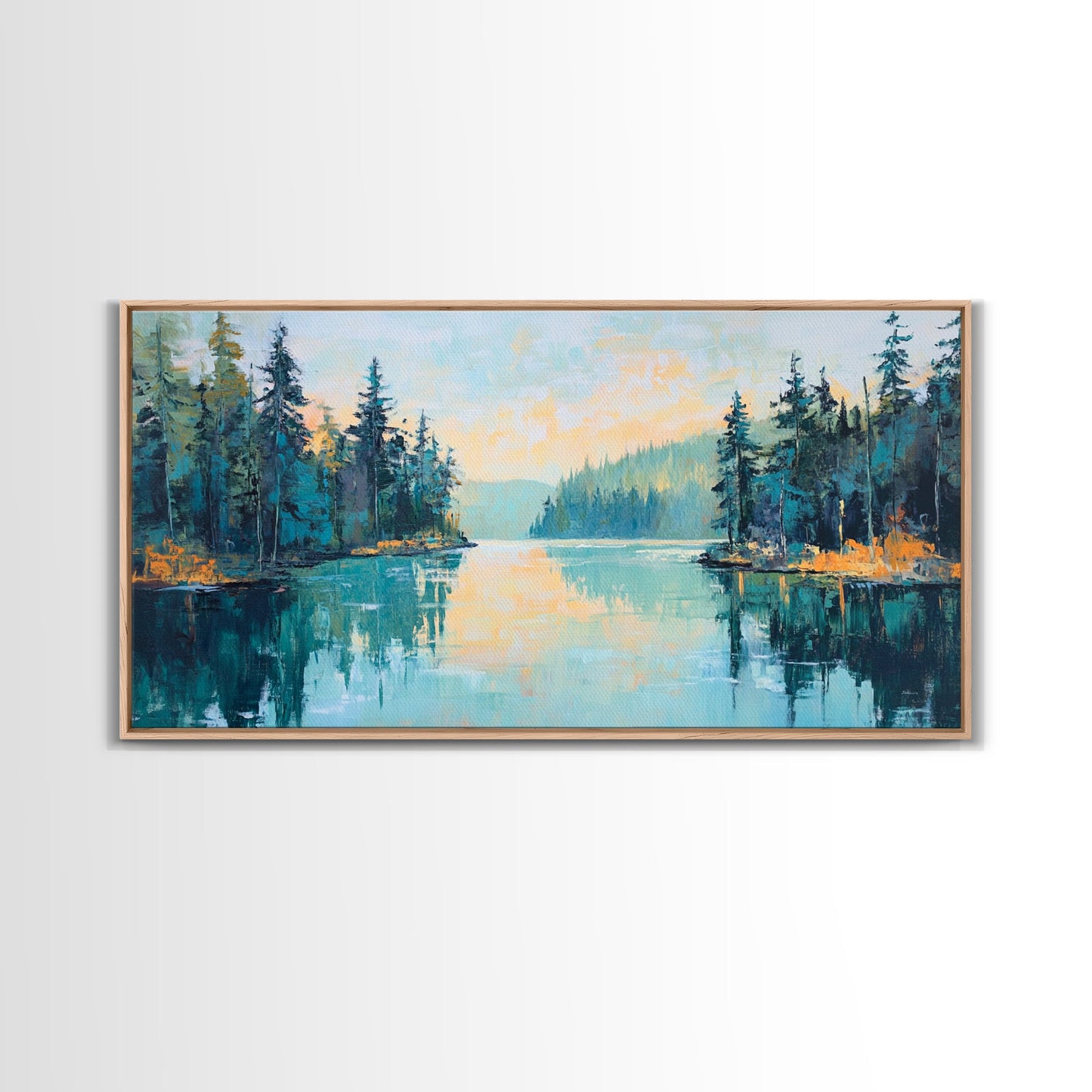 Tranquil Lake, pine tree art, landscape painting, smoky mountain art, panoramic painting, nature painting, Framed Canvas Print
