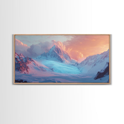 Snowy Mountain Scene, Landscape Painting, Moody Art, Extra Wide Art, Framed Canvas Print, Winter Decor, Bedroom Art