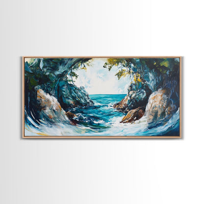 Ocean Cave, coastal landscape art, seascape painting, blue and green wall art, framed canvas print, extra wide art, beach painting