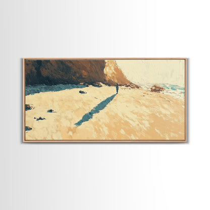 Lone Beach Wanderer, Framed Canvas Print, landscape painting, moody art, wabi sabi wall art, extra wide art, above bed wall art