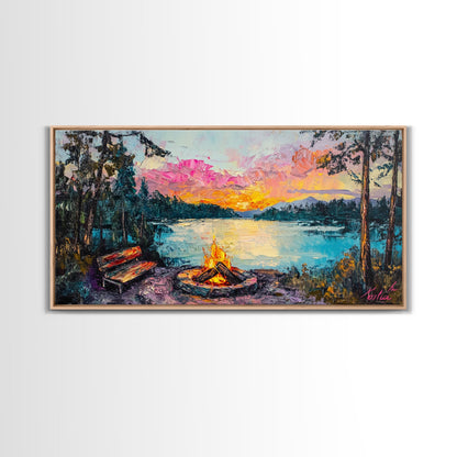 Campfire by Lake, Mountain Painting, Landscape Art, Moody Art, Framed Canvas Print, Above Sofa Art, Wabi Sabi Art, Rustic Decor