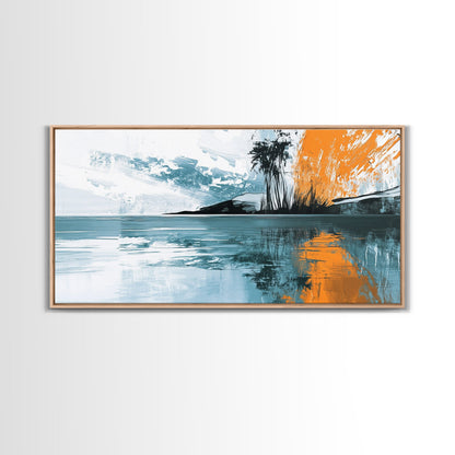 Palm Reflection, tropical coastal art, framed canvas print, coastal cowgirl wall art, panoramic painting, modern abstract art