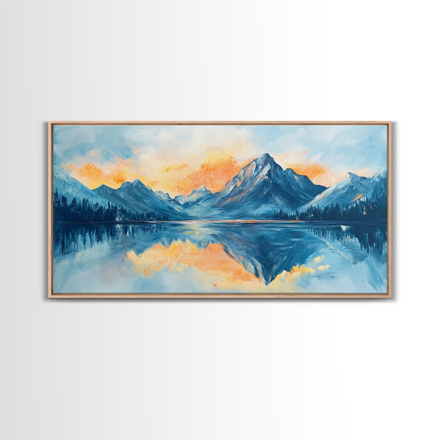 Lake Reflection, Sunset Mountains, Panoramic Art, Framed Canvas Print, Mountain Painting, Lake Art, Horizontal Wall Art, Bedroom Art