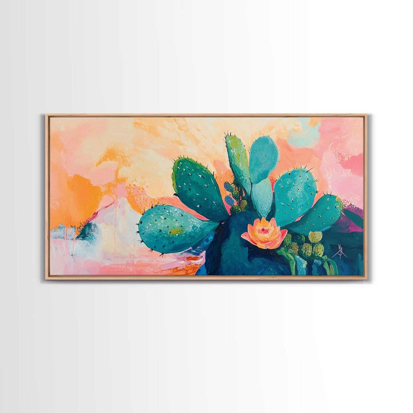 Prickly Pear Cactus, agave painting, southwest wall art, boho art, pink orange wall art, extra wide art, Framed Canvas Print