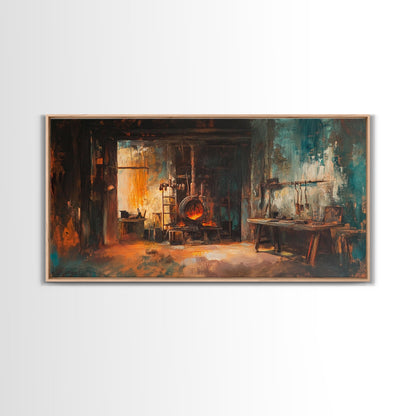 Rustic forge, blacksmith, industrial art, dark romance painting, vintage art, moody art, framed canvas print, horizontal wall art, gift idea
