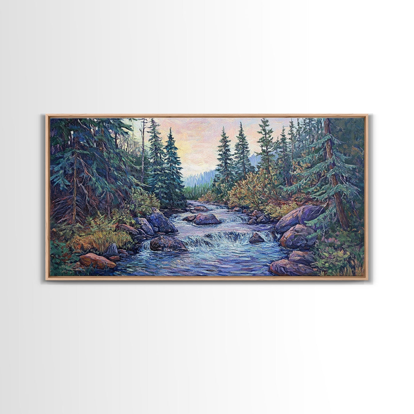 Forest River Scene, pine tree art, mountain painting, landscape painting, smoky mountain art, rustic decor, Framed Canvas Print