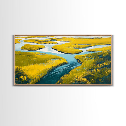 Marshland Landscape, marsh painting, landscape painting, above sofa art, extra wide art, panoramic art, Framed Canvas Print