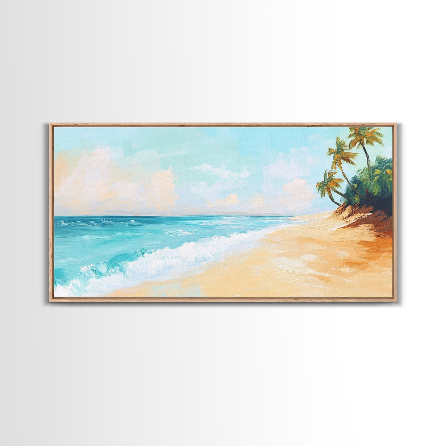 Tropical Beach, Coastal Landscape Art, Nautical Decor, Coastal Cowgirl Wall Art, Framed Canvas Print, Blue and Green Wall Art