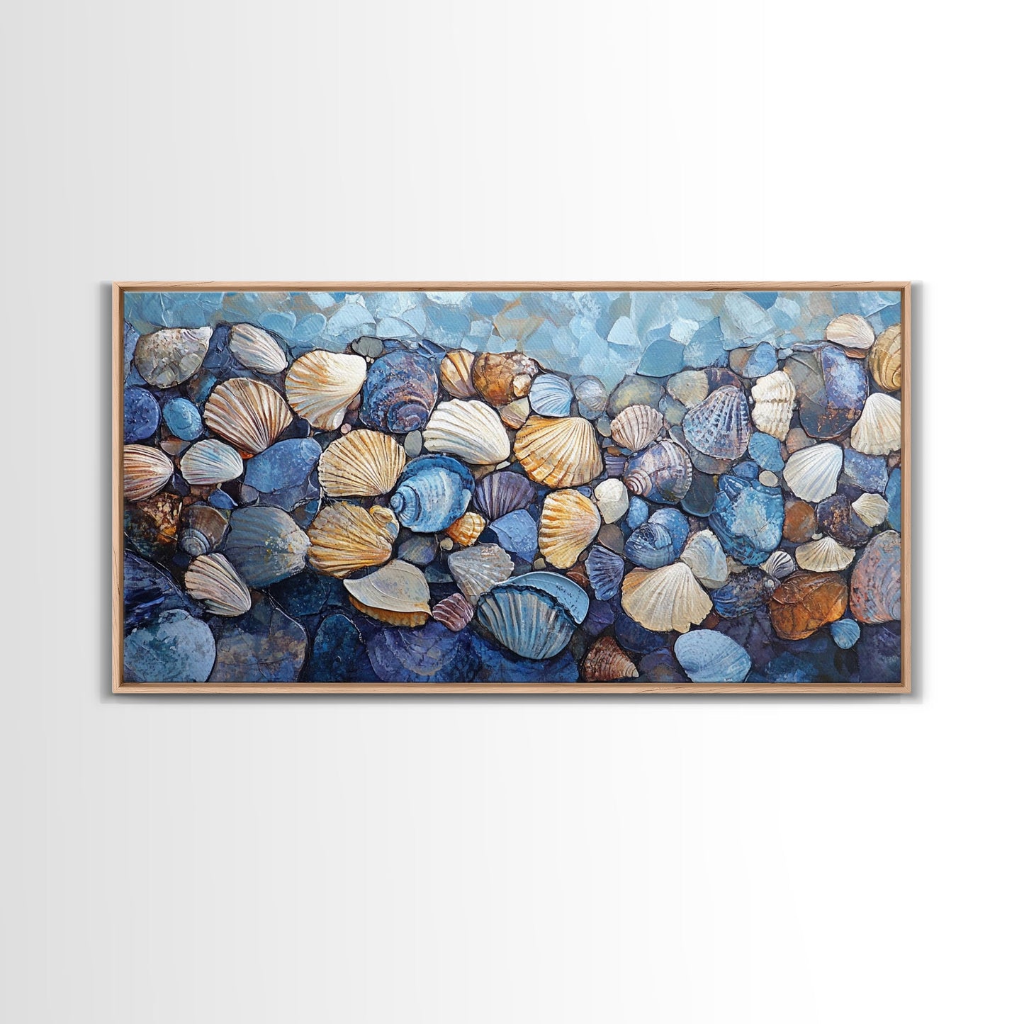 Seashell Beach Art, coastal wall art, oyster shell painting, blue and green wall art, framed canvas print, extra wide art