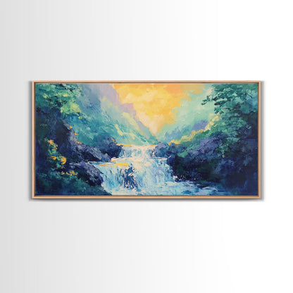Waterfall Painting, Canvas Print, mountain painting, extra wide painting, nature landscape art, panoramic art, bedroom wall art
