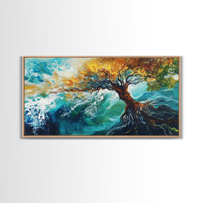 Tree in Waves, Canvas Print, coastal landscape art, wabi sabi art, extra wide painting, ocean painting, panoramic wall art