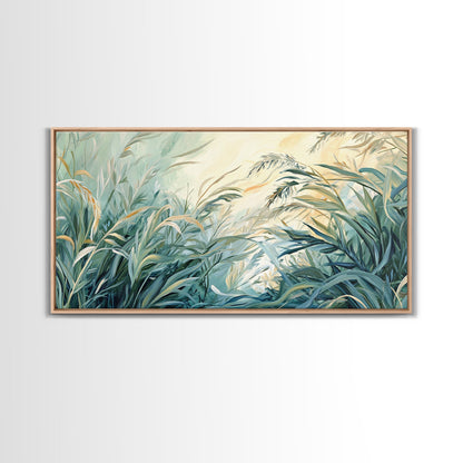 Green grass, warm light, Canvas Print, wabi sabi wall art, sage green wall art, botanical prints, extra wide art, minimalist art