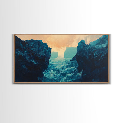 Moody Landscape, dramatic canyon, abstract oil painting, blue and green wall art, panoramic art, Framed Canvas Print, extra wide art