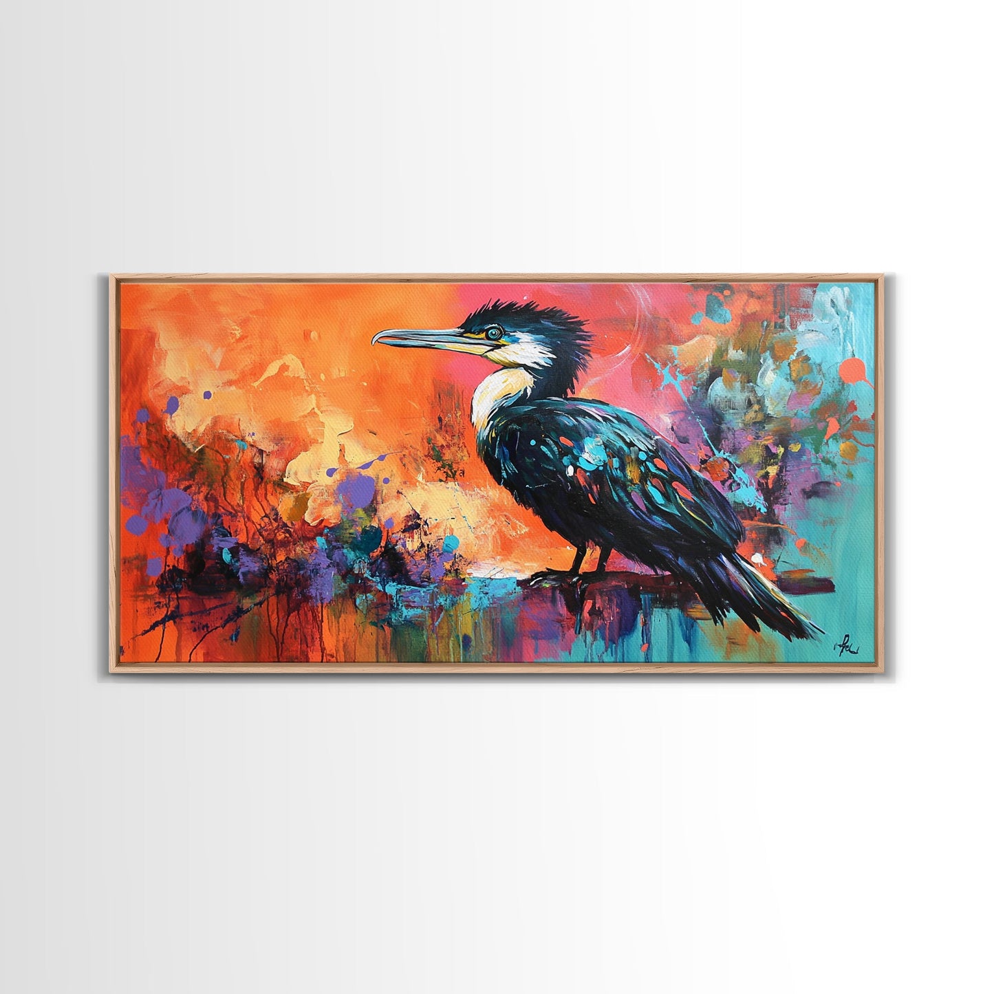 Colorful Bird, bird art, whimsical art, teal wall art, abstract wildlife painting, vibrant decor, boho art, Framed Canvas Print