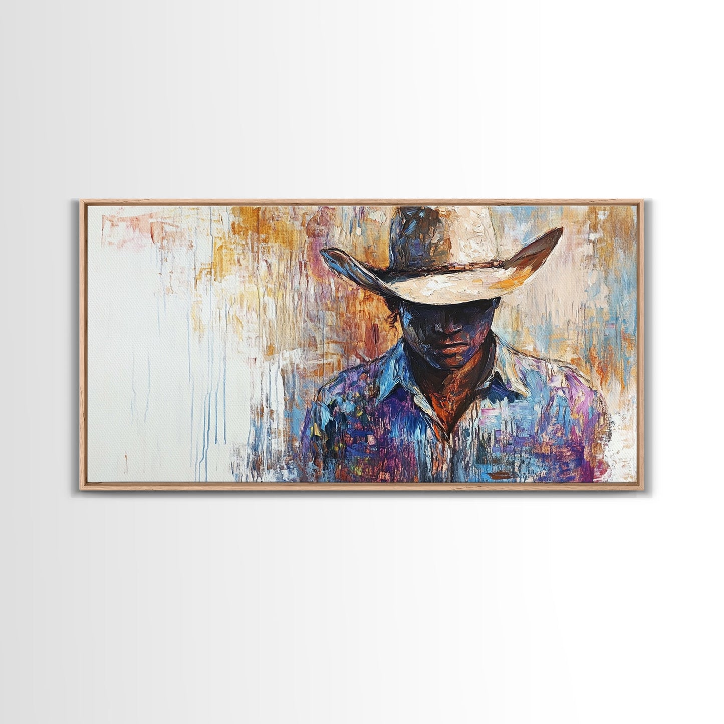 Western Cowboy, black cowgirl painting, rustic wall art, moody art, textured painting, cowboy hat art, farmhouse decor, Canvas Print