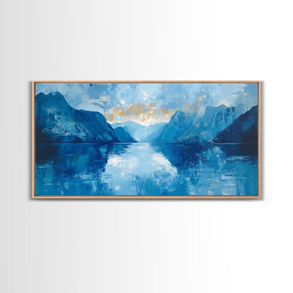Fjord Painting, Blue and Green Wall Art, Lake Tahoe Art, Nautical Wall Art, Extra Wide Art, Panoramic Painting, Framed Canvas Print