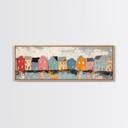 Coastal Village Houses Framed Canvas Print Colorful Seaside Town Painting Rustic Home Wall Art Nautical Decor Large Wall Art