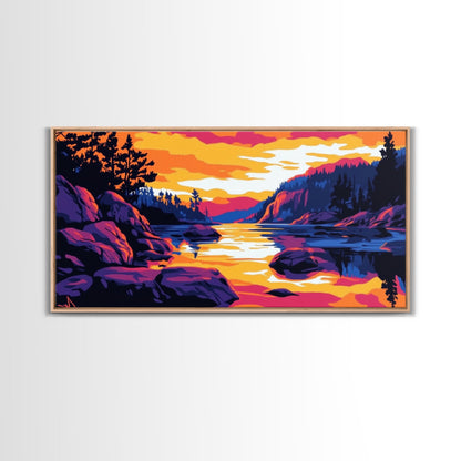 Golden Sunset, Rocky River, Mountain Reflection, Canvas Print, Rustic Lodge Wall Art, Autumn Home Decor, Warm Nature Painting, Colorful Art