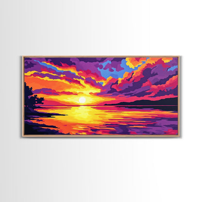 Dramatic Beach Sunset, Vibrant Sky Art, Colorful Coastal Print, Bold Nature Painting, Modern Home Wall Decor, Framed Canvas Print