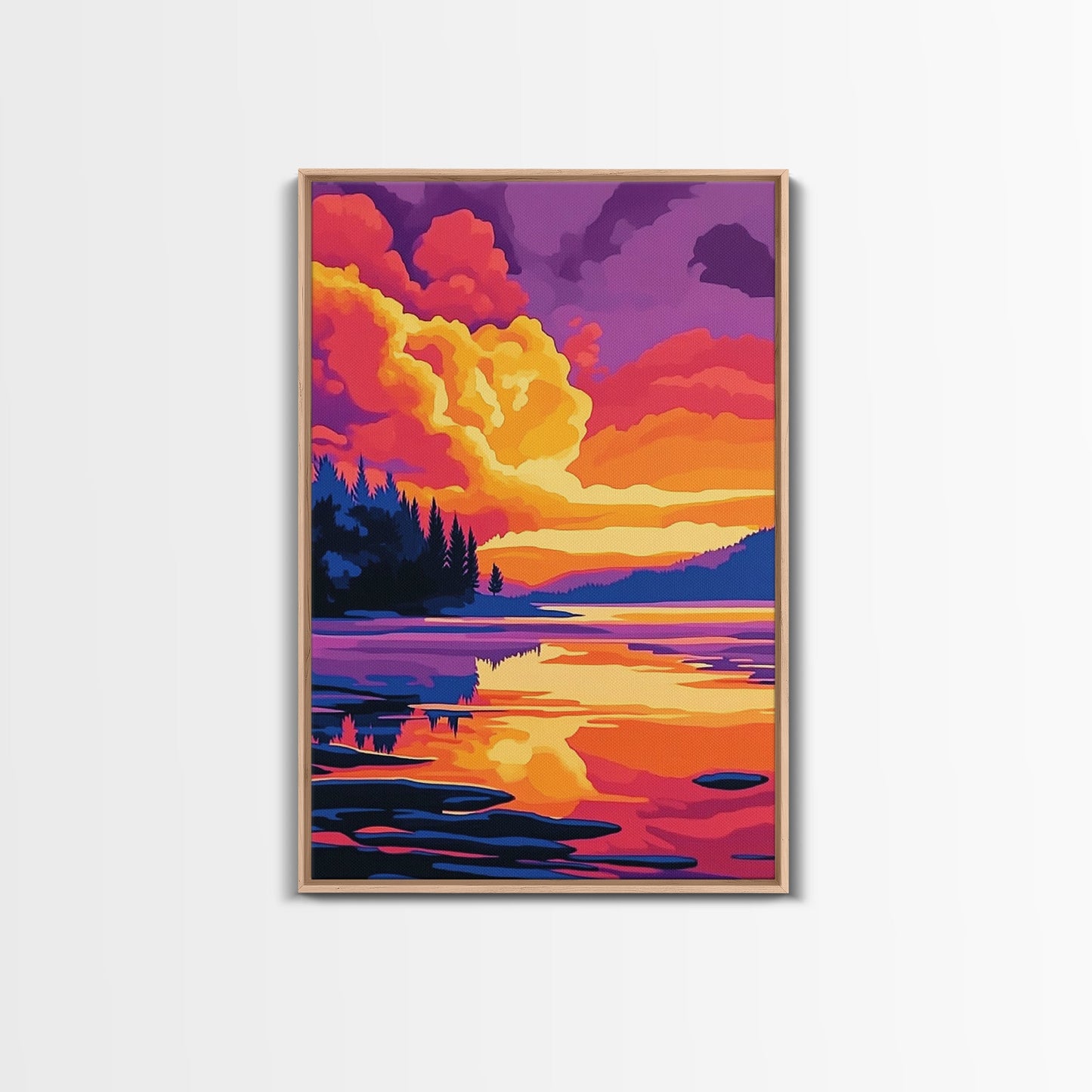 Tranquil Lake, Vibrant Sunset, Reflection Art, Serene Scene, Framed Canvas Print, Living Room Wall Art, Nature Decor, Landscape Painting