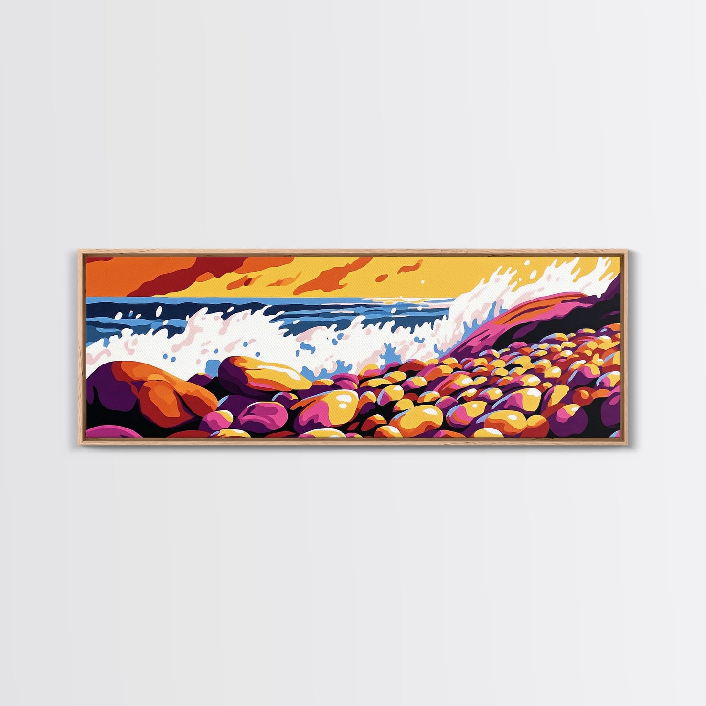 Ocean Waves, Rocky Shore, Coastal Landscape, Framed Canvas Print, Nautical Wall Art, Beach House Decor, Vibrant Seascape, Living Room Art