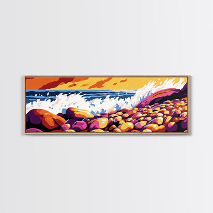 Ocean Waves, Rocky Shore, Coastal Landscape, Framed Canvas Print, Nautical Wall Art, Beach House Decor, Vibrant Seascape, Living Room Art