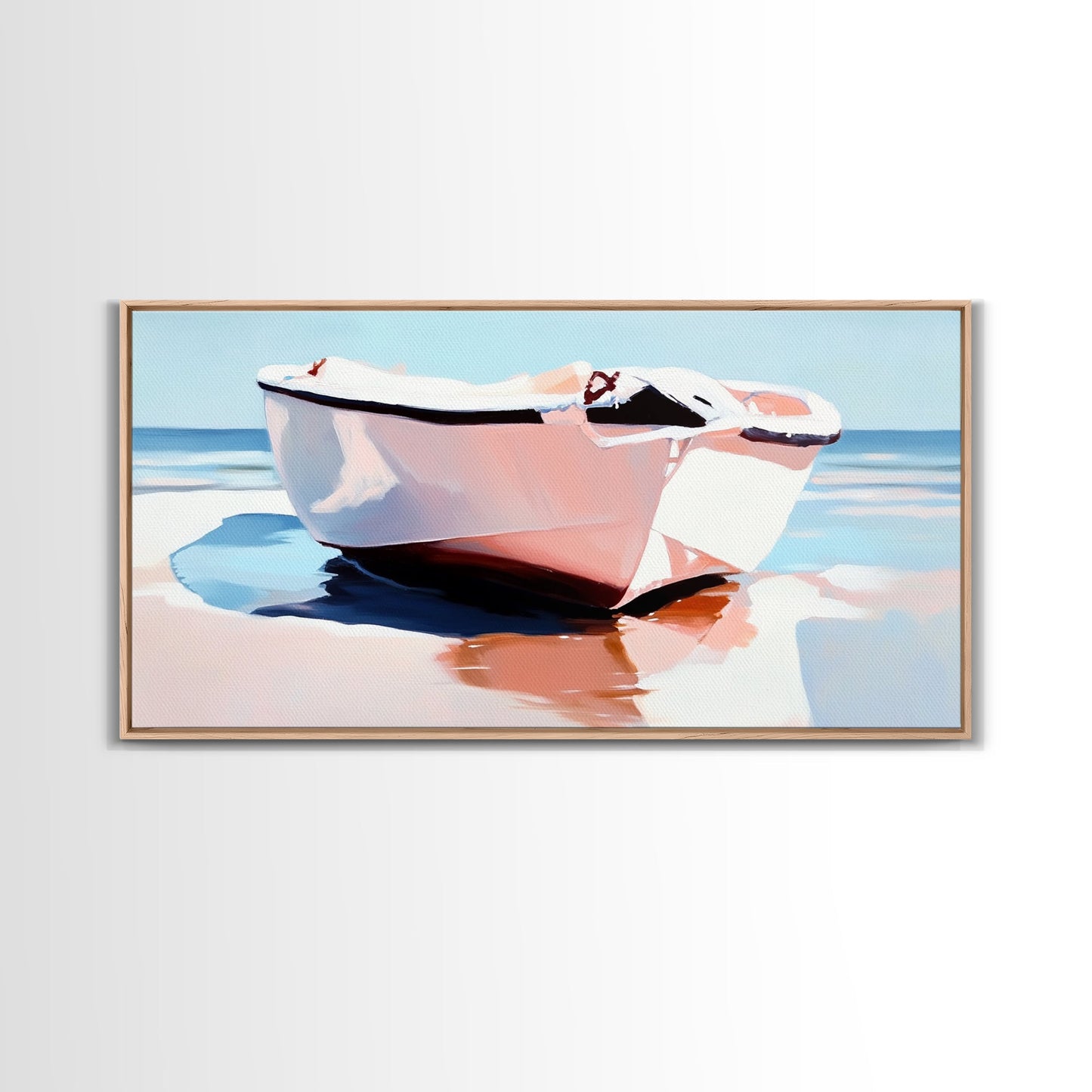 Beach Boat, Ocean Reflection, Coastal Calm, Canvas Print, Minimalist Nautical Art, Summer Home Decor, Living Room Wall Art, Tranquil Vibes