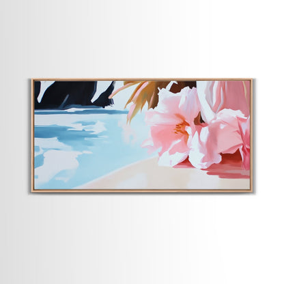 Blossom Beach, Floral Seascape, Coastal Art, Pastel Wall Decor, Living Room Art, Canvas Print, Minimalist Nature Painting, Tranquil Artwork