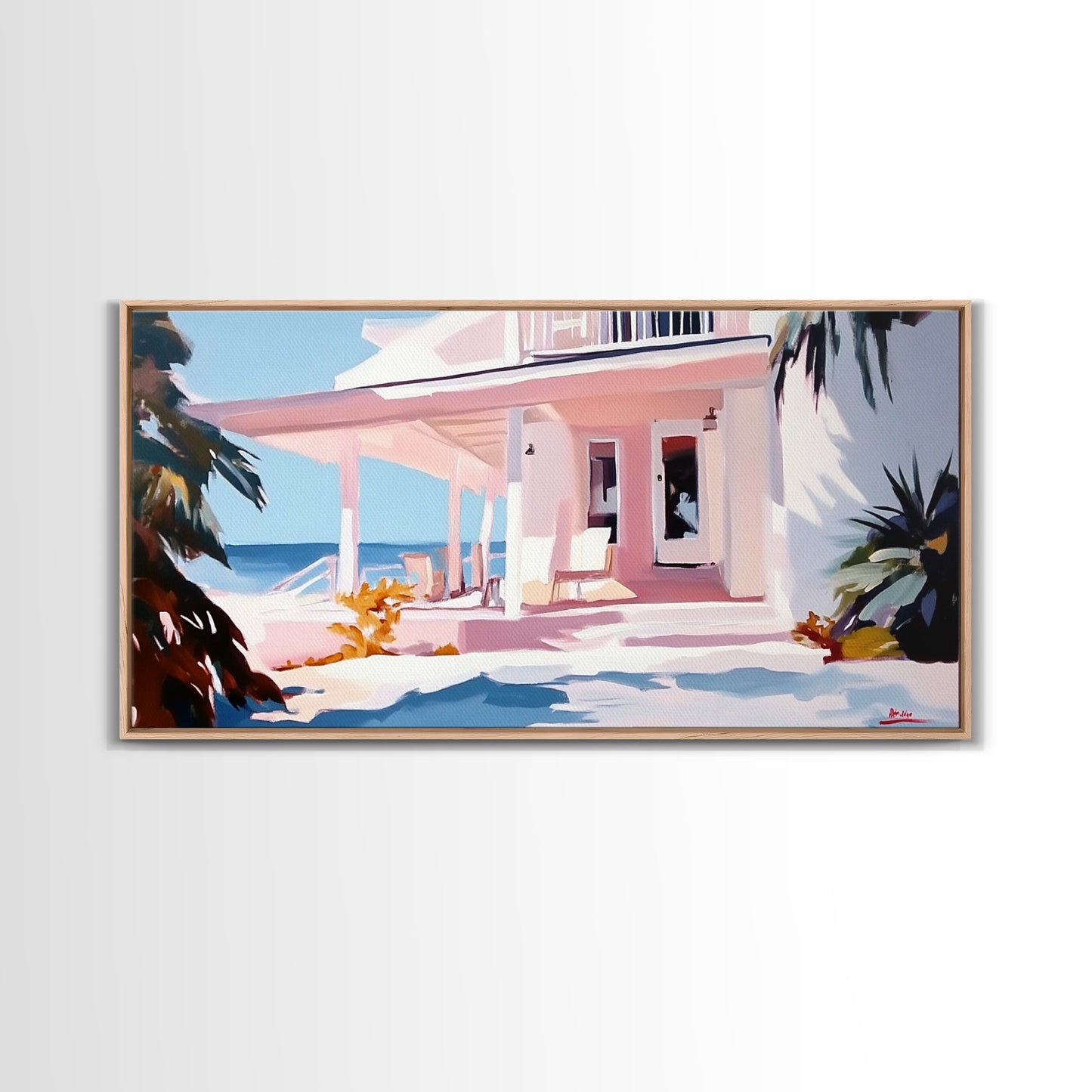 Oceanfront Porch, Coastal Home, Beach House, Seaside Retreat, Summer Vibes, Blue Wall Art, Nautical Style, Modern Decor, Framed Canvas Print