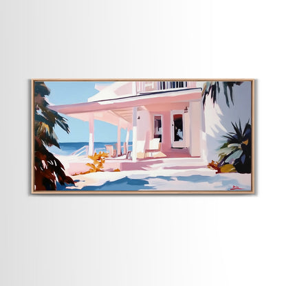 Oceanfront Porch, Coastal Home, Beach House, Seaside Retreat, Summer Vibes, Blue Wall Art, Nautical Style, Modern Decor, Framed Canvas Print