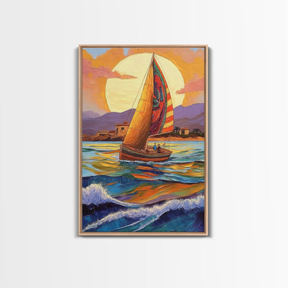 Colorful Sailboat, Coastal Adventure, Sunset Sea, Nautical Art, Living Room Wall Art, Tropical Decor, Framed Canvas Print, Ocean Vibes