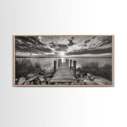Rustic Dock Sunset, Lakehouse Art, Black White Landscape, Framed Canvas Print, Country Home Decor, Cabin Wall Art, Lakeside Tranquility