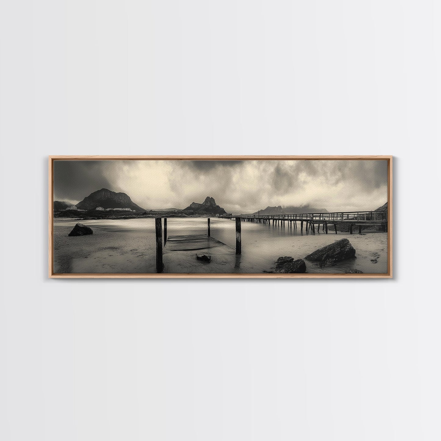 Dockside Calm, Stormy Shore, Ocean Jetty, Framed Canvas Print, Moody Coastal Wall Art, Living Room Art, Rustic Lakehouse Decor