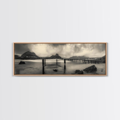 Dockside Calm, Stormy Shore, Ocean Jetty, Framed Canvas Print, Moody Coastal Wall Art, Living Room Art, Rustic Lakehouse Decor