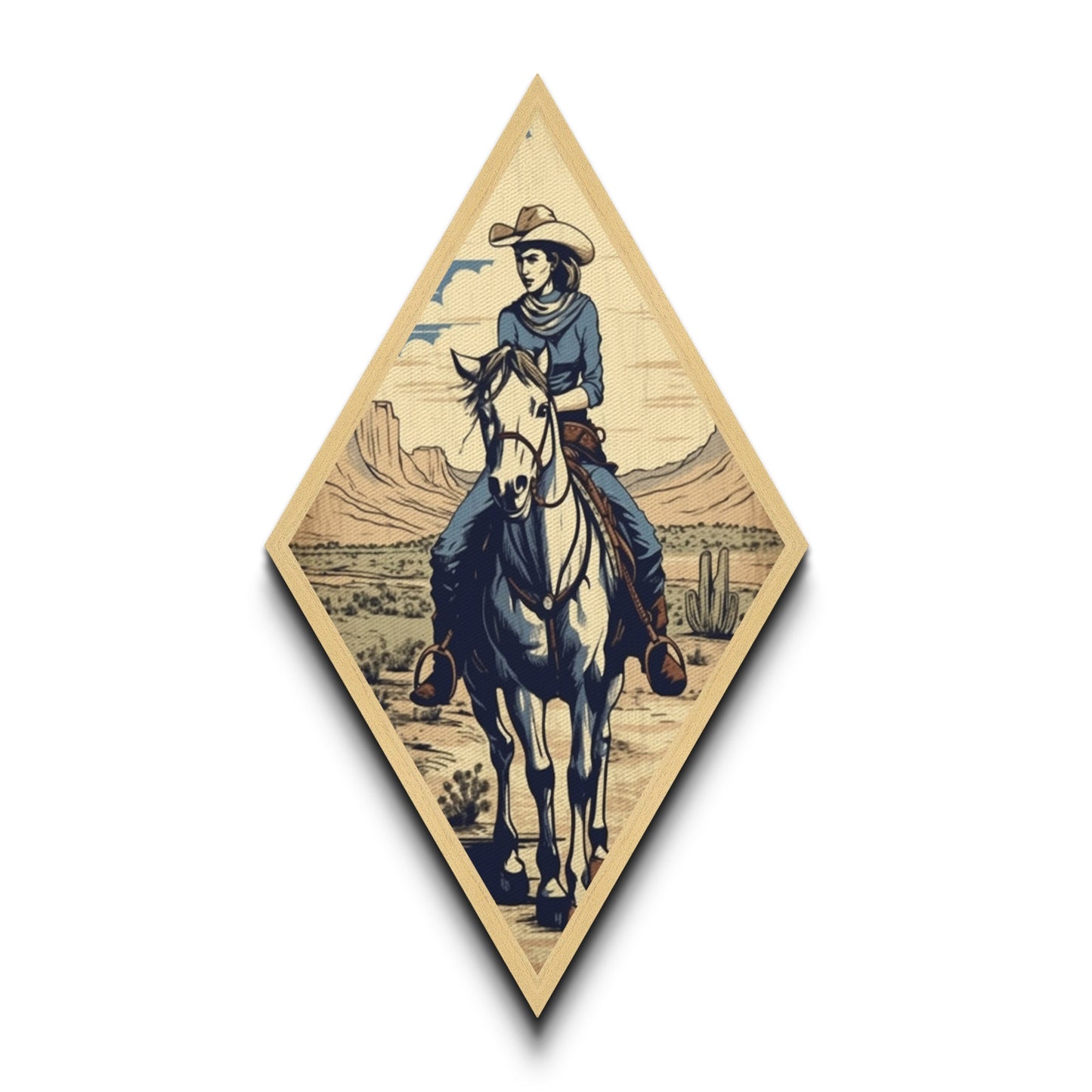 Cactus Cowgirl Ride Diamond Shaped Vintage Western Scene Canvas Textured Print Southwestern Wall Art Country Equestrian Gift