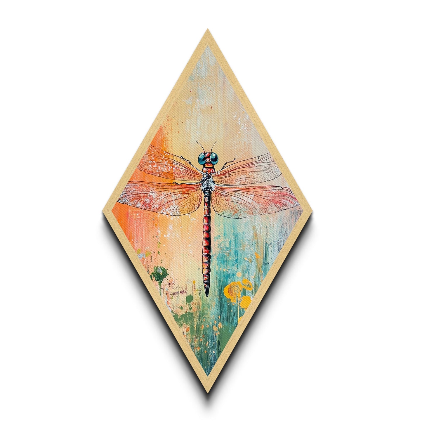 Colorful Dragonfly Closeup Diamond Shaped Canvas Textured Print, Boho Insect Wall Art, Nature Illustration, Bug Lover Gift Idea