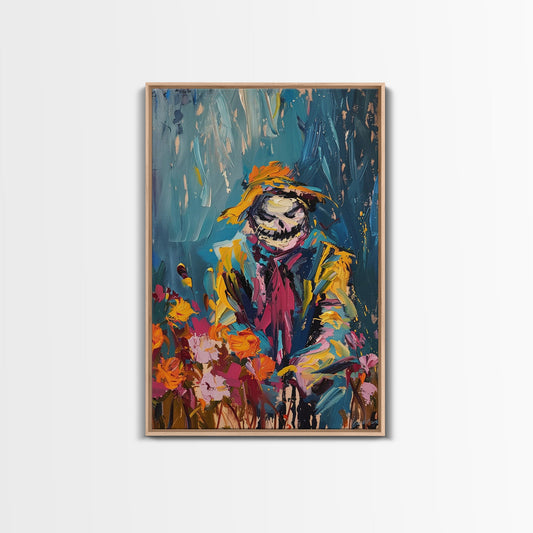 Colorful Scarecrow in Flower Field Framed Canvas Print | Halloween Art | Whimsical Spooky Art | Playful Scarecrow Art for Home Decor