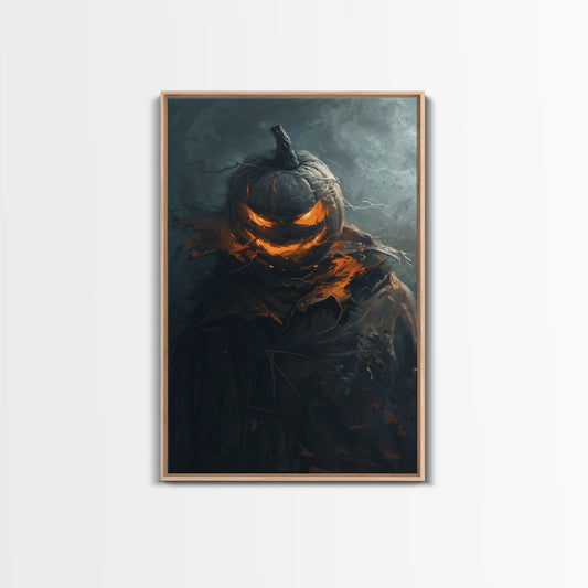 Menacing Pumpkin Head Monster Emerging from Fog - Creepy Halloween Horror Artwork Framed Canvas Print, Spooky Gothic Home Wall Decor