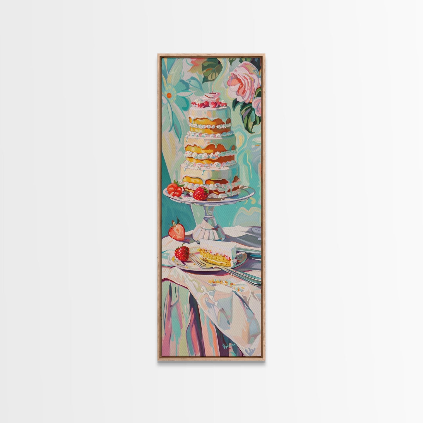 Cake Wall Art Framed and Printed on Canvas, Wall Art for Kitchen or Bakery, Food Art Print, Tall and Narrow Colorful Art for Kitchen