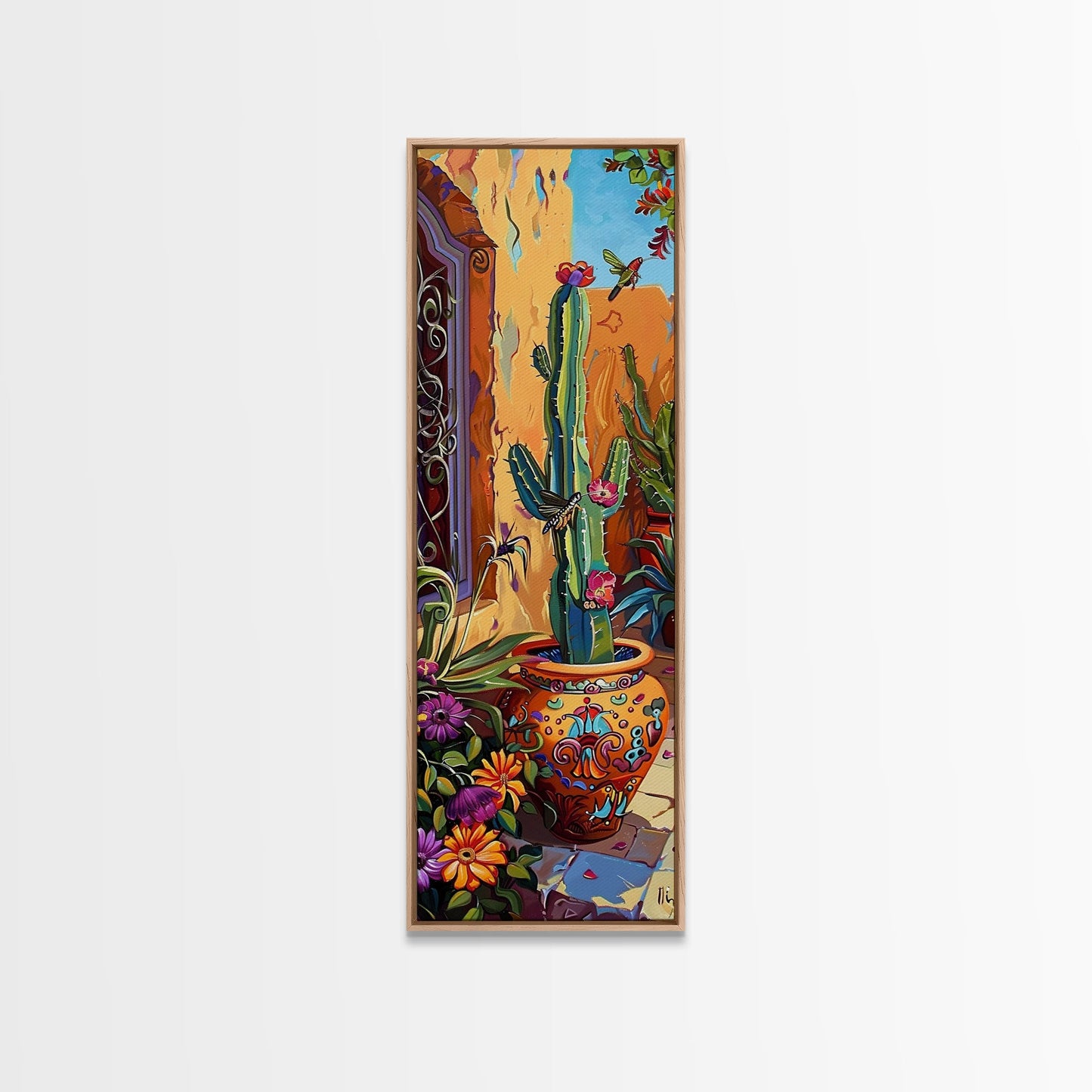 Colorful Canvas Painting of Cactus Framed, Botanical Wall Art Print, Spanish Inspired Canvas Painting, Long and Narrow Living Room Wall Art