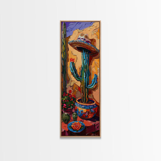 Colorful Canvas Painting of Mexican Saguaro Cactus Framed, Southwest Home Decor, Western Wall Art for Living Room, Housewarming Gift for Her