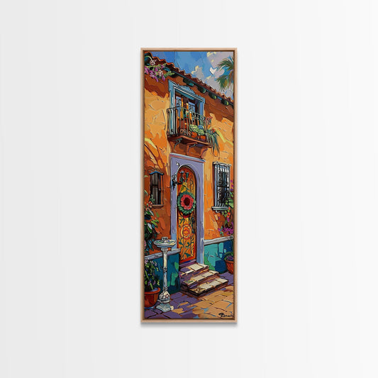 Spanish Inspired Acrylic Painting Framed and Printed on Canvas, Long and Narrow Vertical Art, Colorful Botanical Wall Art for Living Room