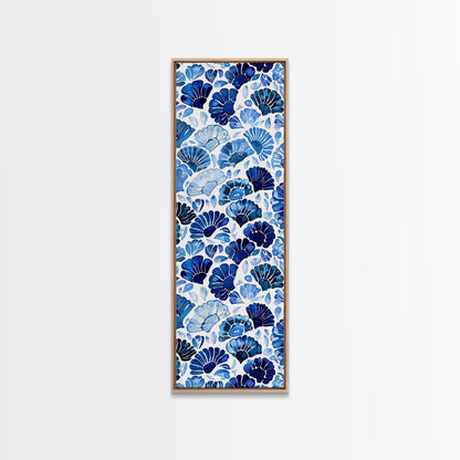 Blue and White Floral Pattern on White Background - Framed Canvas Print, Boho Art, Skinny Art, Tall Art, Midcentury Modern Art, Bedroom Wall Decor