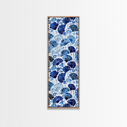 Blue and White Floral Pattern on White Background - Framed Canvas Print, Boho Art, Skinny Art, Tall Art, Midcentury Modern Art, Bedroom Wall Decor