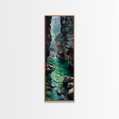 Serene Mountain River Gorge Scene Skinny Art Framed Canvas Print For Living Room Or Bedroom Wall Decor