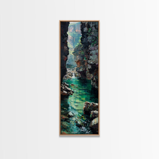 Serene Mountain River Gorge Scene Skinny Art Framed Canvas Print For Living Room Or Bedroom Wall Decor