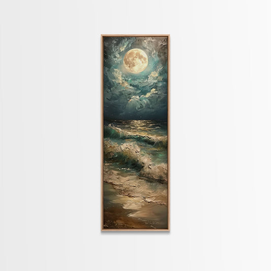 Mystical Moonlit Waves and Reflections Over the Ocean, Skinny and Tall Art, Captivating Landscape Painting, Framed Canvas Print, Wall Decor